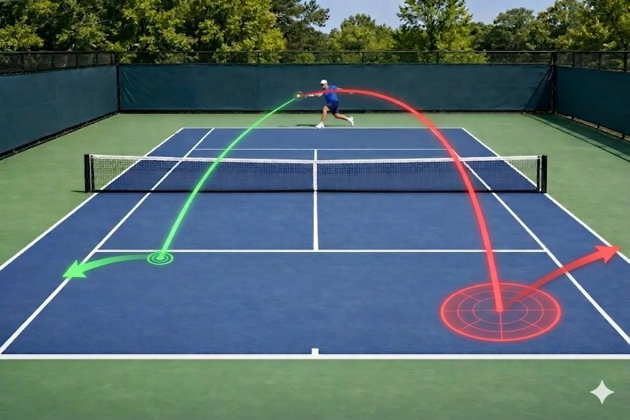 A player hitting the ball showing the trajectories of different string pattern types